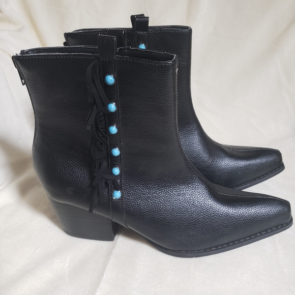 NWOB CRAZY TRAIN FRINGE cowboy boujee babe studded w turquoise booties - Picture 2 of 11